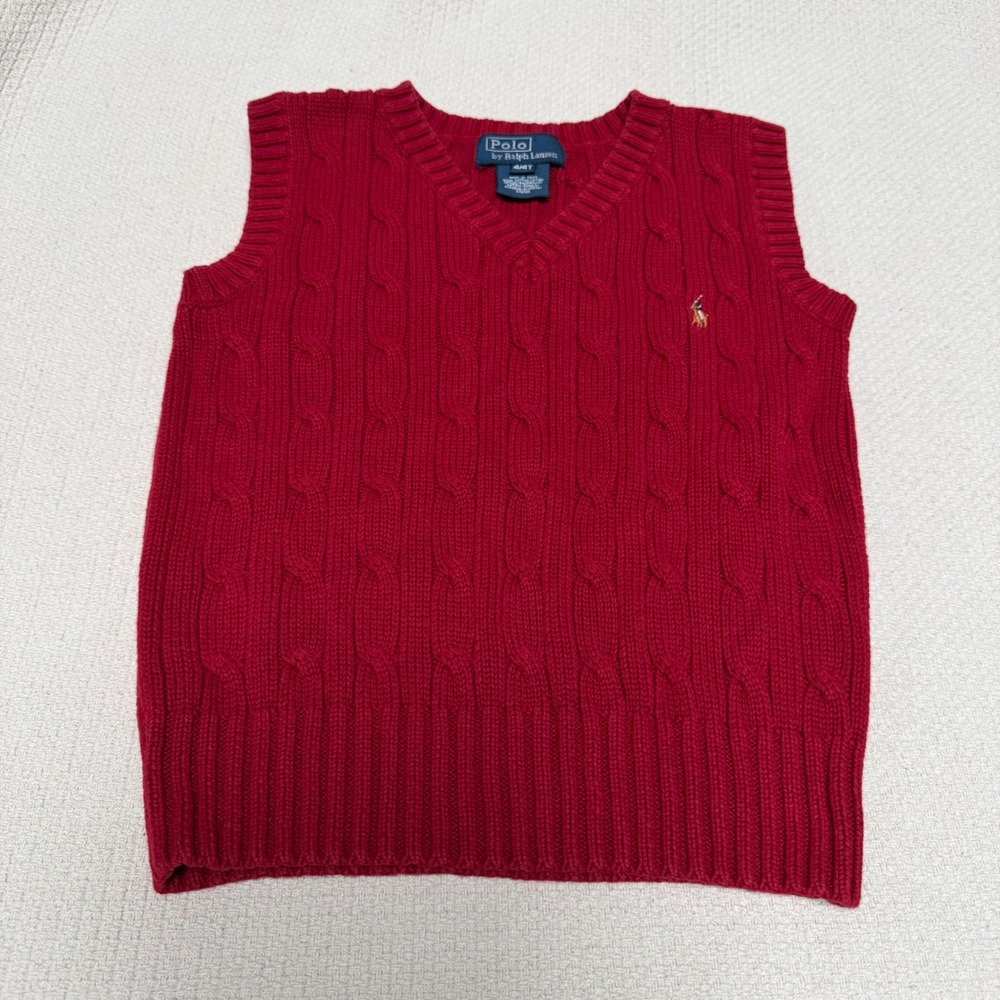 Polo Ralph Lauren Red Cable Knit Sweater Vest Cotton Pony Preppy Kid's Size 4/4T